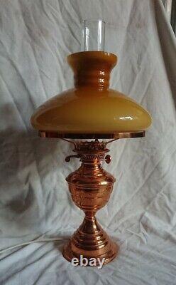 Vintage Copper Duplex Oil Lamp Light Yellow Mustard Glass Shade Chimney Electric