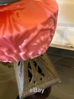 Vintage Cranberry Glass Kerosene Paraffin Oil Lamp Duplex Font EIFFEL TOWER BASE