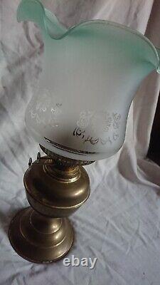 Vintage Double Wick Brass Oil Lamp Frosted Etched Tulip Shade Green Paraffin