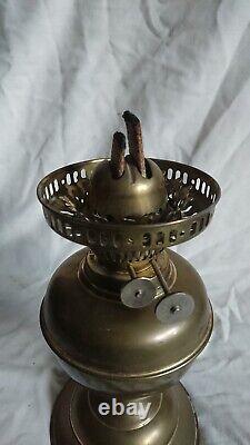 Vintage Double Wick Brass Oil Lamp Frosted Etched Tulip Shade Green Paraffin