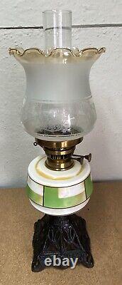 Vintage Duplex Oil Lamp With Ceramic Reservoir And Cast Iron Stand