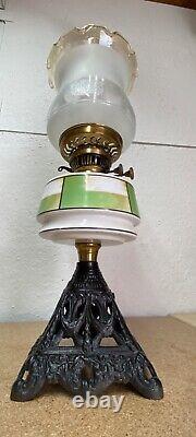 Vintage Duplex Oil Lamp With Ceramic Reservoir And Cast Iron Stand