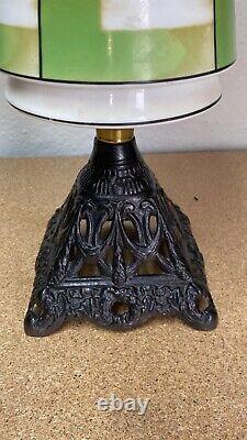 Vintage Duplex Oil Lamp With Ceramic Reservoir And Cast Iron Stand