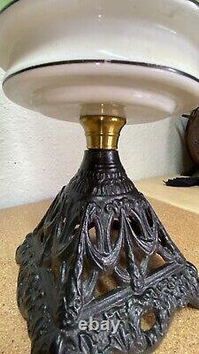 Vintage Duplex Oil Lamp With Ceramic Reservoir And Cast Iron Stand