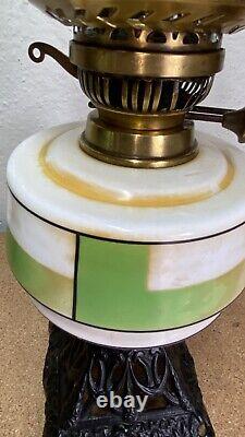 Vintage Duplex Oil Lamp With Ceramic Reservoir And Cast Iron Stand