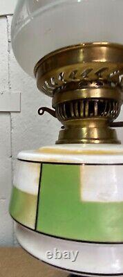 Vintage Duplex Oil Lamp With Ceramic Reservoir And Cast Iron Stand