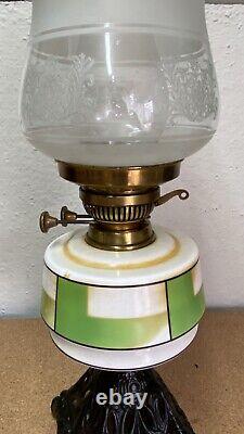 Vintage Duplex Oil Lamp With Ceramic Reservoir And Cast Iron Stand