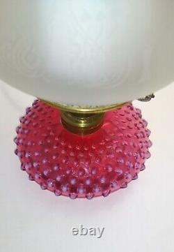 Vintage Fenton Cranberry Opalescent Hobnail Bracket Oil Lamp Converted