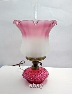 Vintage Fenton Cranberry Opalescent Hobnail Bracket Oil Lamp Converted