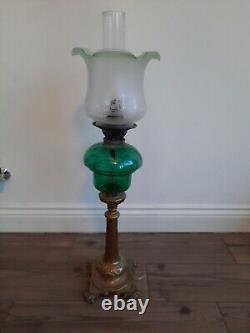 Vintage Glass Oil Lamp Duplex With Chimney & Shade 20cm W By 70 Cm H See Desc