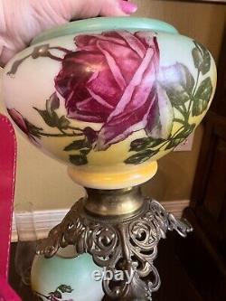 Vintage Gone With the Wind Handpainted Rose Oil Kerosene Lamp now Electric
