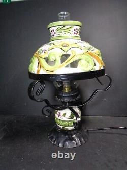 Vintage Green Ceramic Fret work Shade Oil Style Lamp Iron Frame STUNNING