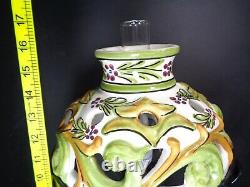 Vintage Green Ceramic Fret work Shade Oil Style Lamp Iron Frame STUNNING