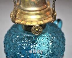 Vintage LE Smith Daisy & Button Peacock Blue Glass Oil Lamp 11-3/4 Tall