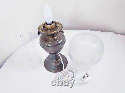 Vintage Lamp with Brass Base, Globe Shade Chimney Duplex Burner Electric