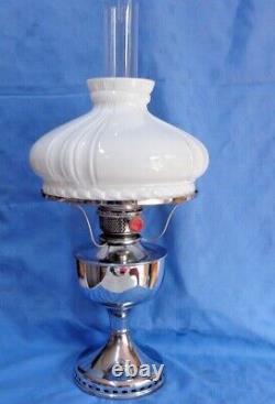 Vintage Large 25 High Famos Chrome Oil Lamp With Chimney & Large Shade