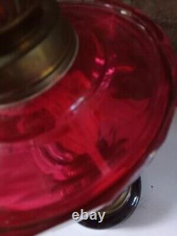 Vintage Oil Lamp Cranberry Glass bowl. 66cm tall