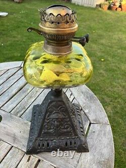 Vintage Oil Lamp With Cast Iron Ornamental Base And Green/Clear Mouth blownFont