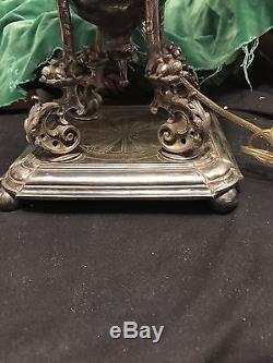 Vintage Ornate Victorian Silver Plate Banquet/Parlor Oil Lamp WithCut Shade