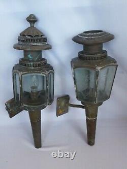 Vintage Pair Brass Coach Carriage Lanterns + Brackets Antique Victorian