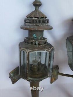 Vintage Pair Brass Coach Carriage Lanterns + Brackets Antique Victorian