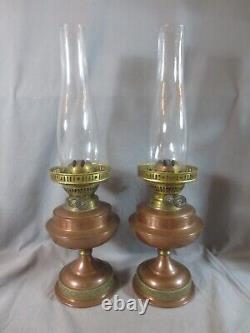 Vintage Pair Brass Copper Duplex Oil Lamps & Chimneys Shepherds Hut Oil Lamp