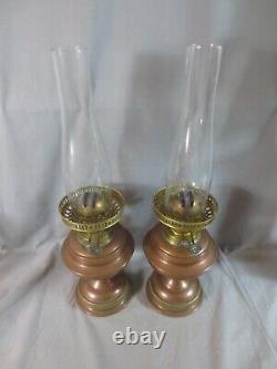 Vintage Pair Brass Copper Duplex Oil Lamps & Chimneys Shepherds Hut Oil Lamp