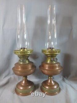 Vintage Pair Brass Copper Duplex Oil Lamps & Chimneys Shepherds Hut Oil Lamp