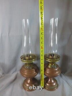 Vintage Pair Brass Copper Duplex Oil Lamps & Chimneys Shepherds Hut Oil Lamp