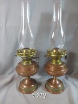 Vintage Pair Brass Copper Duplex Oil Lamps & Chimneys Shepherds Hut Oil Lamp