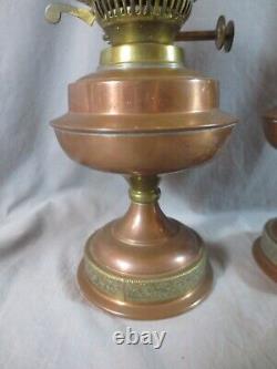 Vintage Pair Brass Copper Duplex Oil Lamps & Chimneys Shepherds Hut Oil Lamp