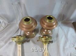 Vintage Pair Brass Copper Duplex Oil Lamps & Chimneys Shepherds Hut Oil Lamp