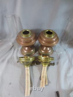 Vintage Pair Brass Copper Duplex Oil Lamps & Chimneys Shepherds Hut Oil Lamp