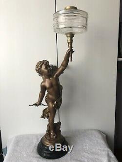 Vintage Spelter Figure Oil Lamp, Marble Base, Without The Crystal Fount