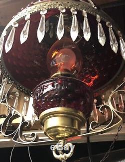 Vintage VICTORIAN Oil Hanging Lamp Parlor Cranberry Glass Shade Converted Lamp