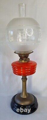 Vintage Veritas Lamp Works Tall Orange Glass Oil Lamp Etched Fully Functional