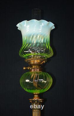 Vintage Victorian C-1890s Hinks & Sons Bronze & Vaseline Glass Duplex Oil Lamp