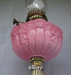 Vintage Victorian Cranberry Milk Glass Oil Lamp Double Burner