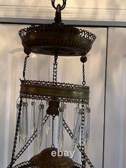 Vintage Victorian Crystal Hanging Brass Floral Parlor Kerosene or Oil Lamp