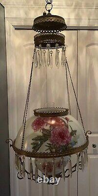 Vintage Victorian Crystal Hanging Brass Floral Parlor Kerosene or Oil Lamp A