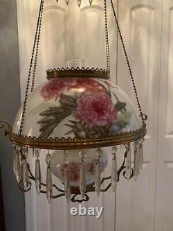 Vintage Victorian Crystal Hanging Brass Floral Parlor Kerosene or Oil Lamp A