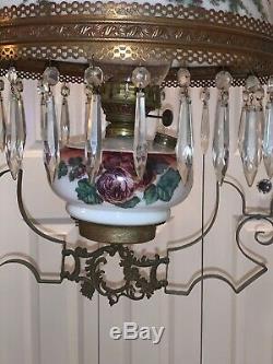 Vintage Victorian Crystal Hanging Brass Floral Parlor Kerosene or Oil Lamp B