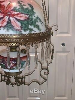 Vintage Victorian Crystal Hanging Brass Floral Parlor Kerosene or Oil Lamp B