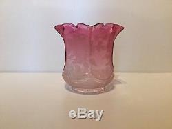 Vintage Victorian Etched Graduated Cranberry Tulip Glass Oil Lamp Shade