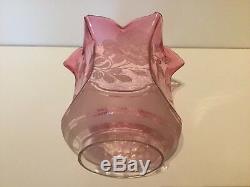 Vintage Victorian Etched Graduated Cranberry Tulip Glass Oil Lamp Shade