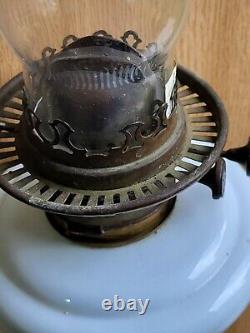 Vintage Wall Oil Lamp with Milk Glass Font, Complete with Chimney and Working