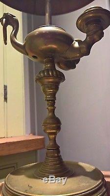 Vintage brass whale oil lamp- height adjustable shade, 2 burners, oriental style