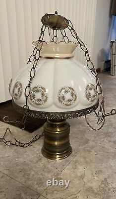 Vtg Antique Converted Electric Hanging Oil Lamp Hand Painted 3 Arm 2 Light