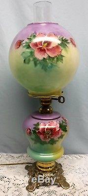 Vtg Antique Hand Painted Purple GWTW Oil Lamp Electrified Floral 21 1/2 Tall