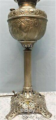 Vtg Banquet Parlor Oil Lamp Nickel Metal Round Etched Shade Tall Hurricane Elec